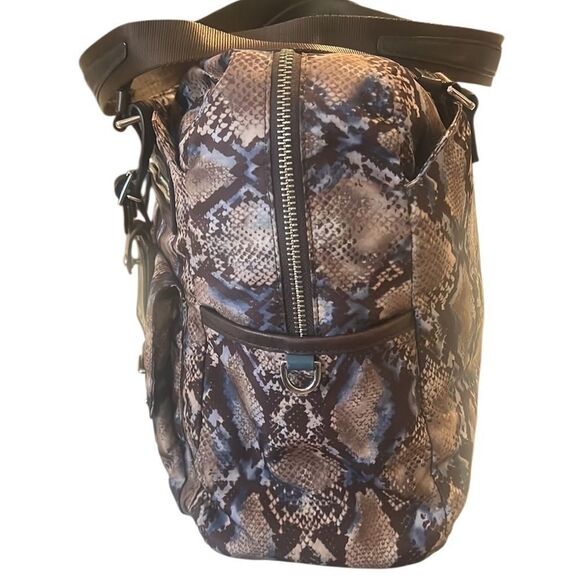 Tumi Brown and Blue Nylon Leather Snakeskin Print Weekender Bag Tote - Picture 7 of 12
